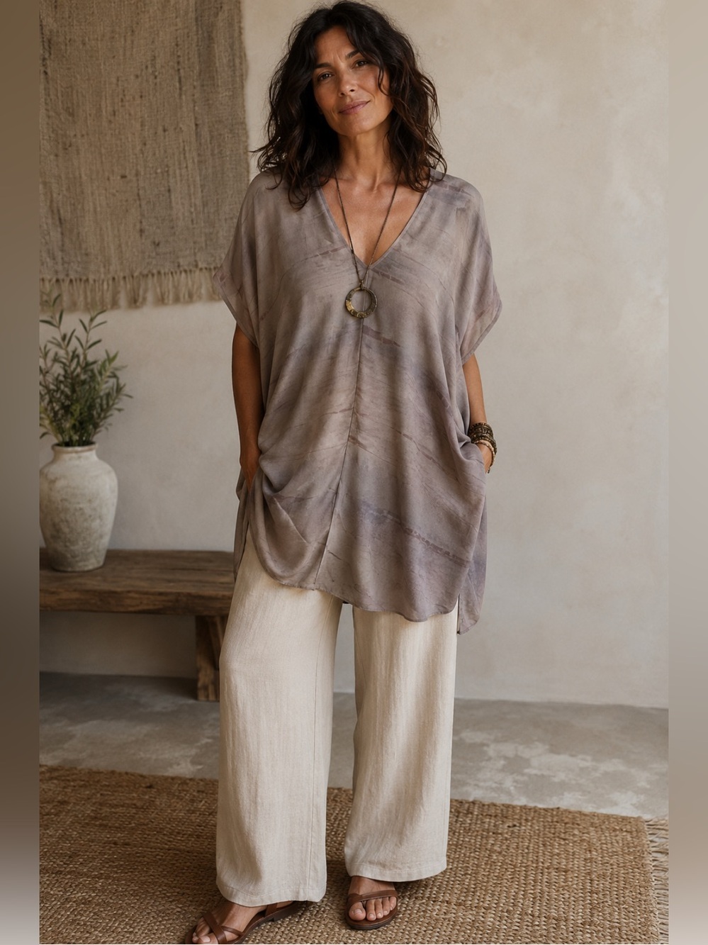 Eileen Fisher Soft Taupe and Mauve Striped V-Neck Silk Tunic Large Resort Beach